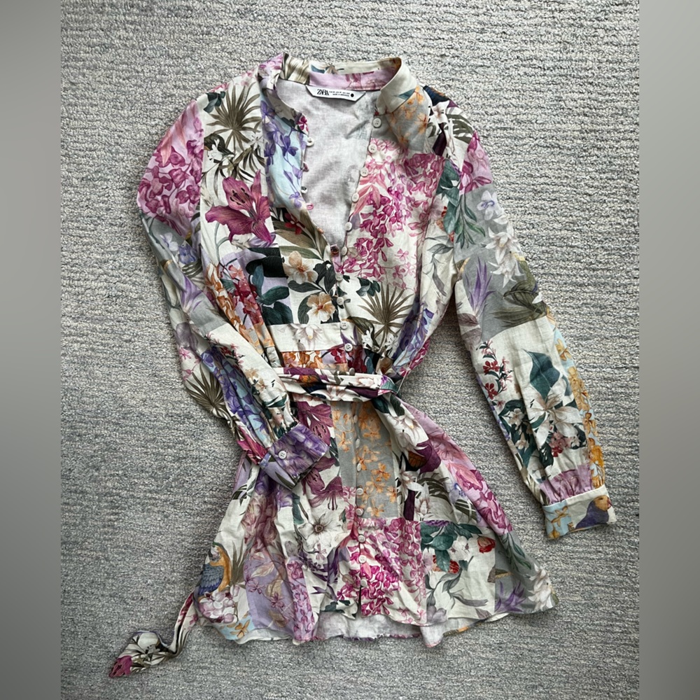 ZARA Floral Linen Button Front Mini Dress with Belt